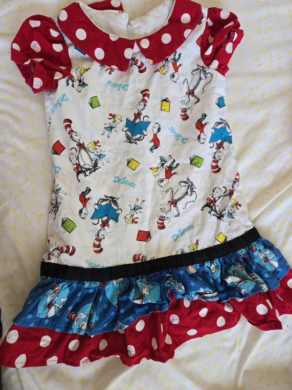 Dr. Seuss Cat in the Hat dress 4T 5T Polka Dot Collar & Blue Ruffle